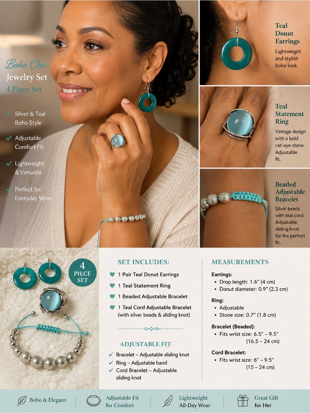 4 piece Boho Chic Teal Jewelry Set — 4-Piece Women’s Teal Necklace & Ring Set